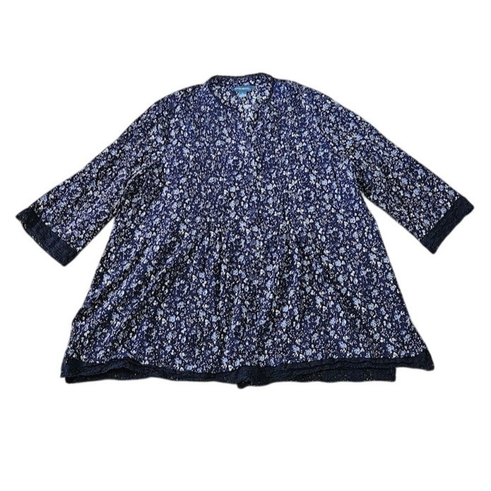 April Cornell Tunic Top XL Navy Blue Floral Lace Trim Pintuck Button Cottagecore